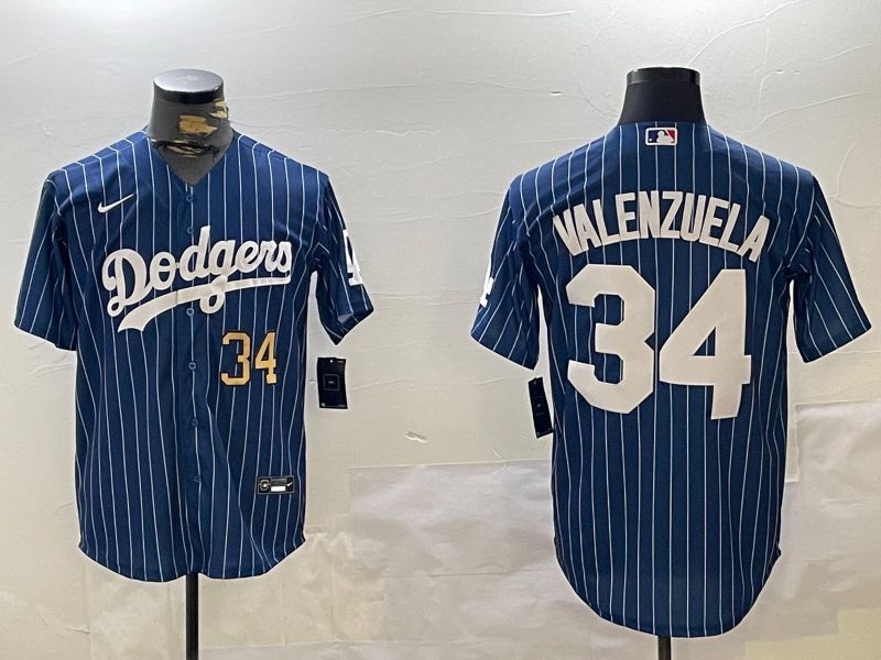 Men Los Angeles Dodgers 34 Valenzuela Blue Stripe Game 2024 Nike MLB Jersey style 11209